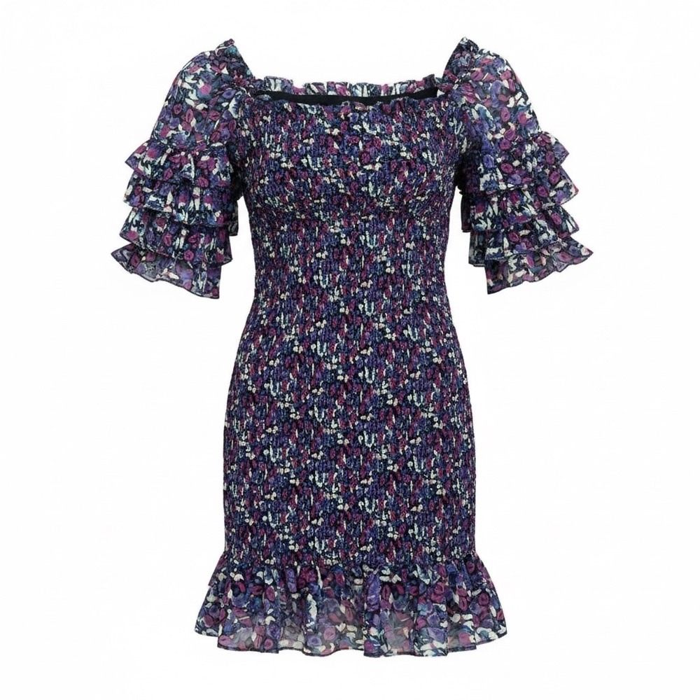 Nasty Gal Smocked Mini‎ Dress Women 0 Purple Floral Ruffle Cottagecore Romantic